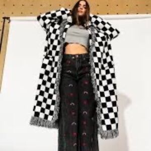 NWT Dressed in LALA Luxe Fringe Blanket Cardigan, black/white, S/M ($148)